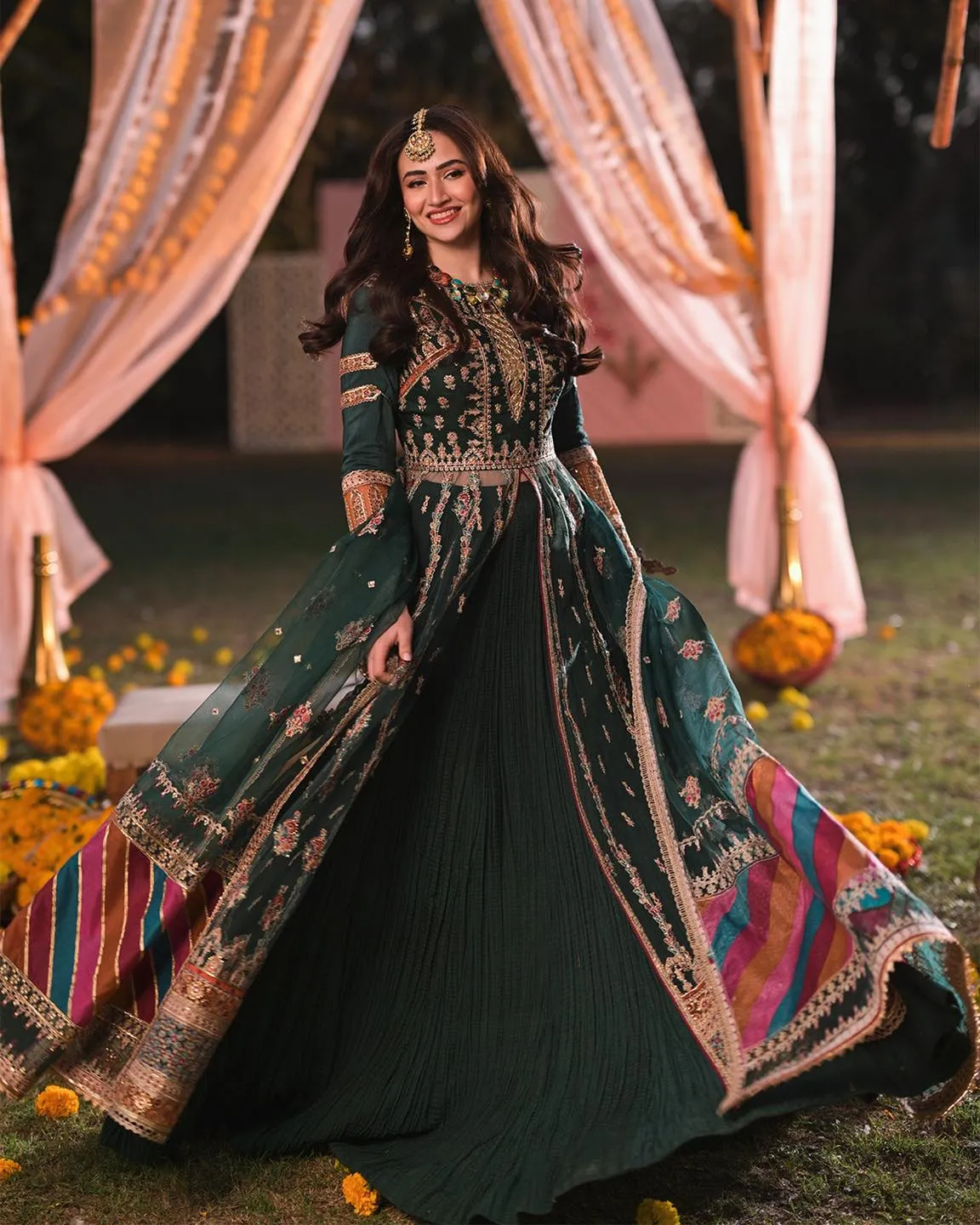 Green Lehenga with Open Gown Pakistani Mehndi Dress