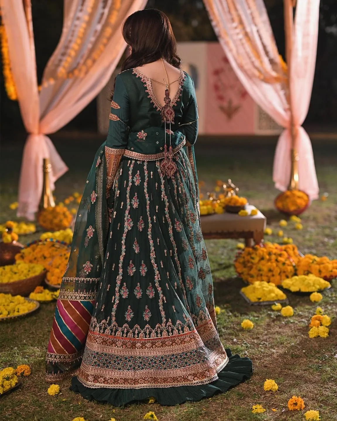 Green Lehenga with Open Gown Pakistani Mehndi Dress