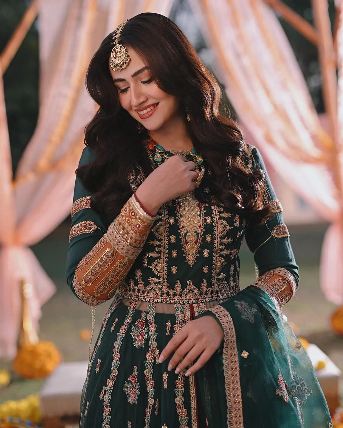 Green Lehenga with Open Gown Pakistani Mehndi Dress