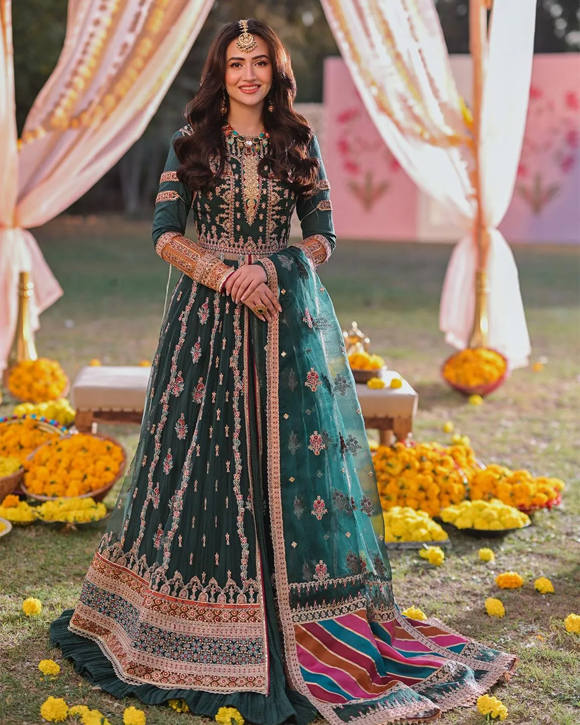 Green Lehenga with Open Gown Pakistani Mehndi Dress