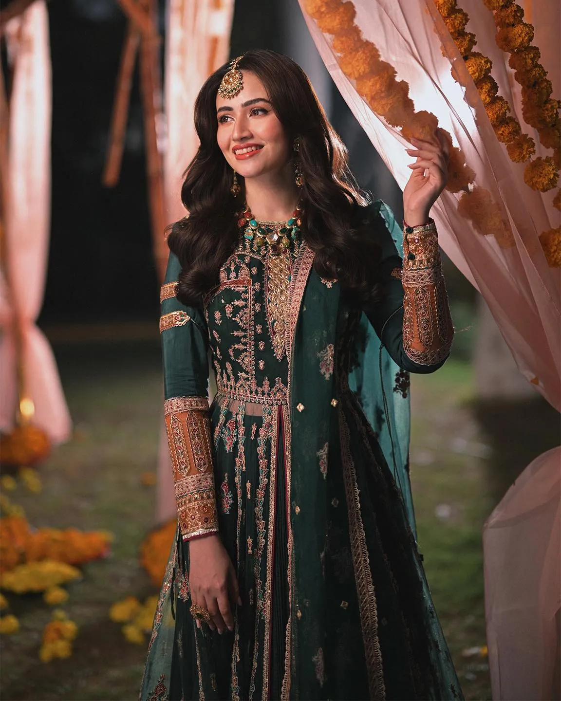 Green Lehenga with Open Gown Pakistani Mehndi Dress