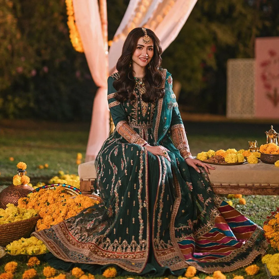 Green Lehenga with Open Gown Pakistani Mehndi Dress