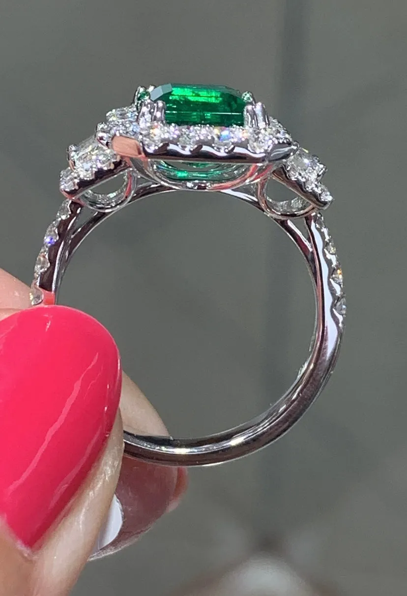 GRS Certified Ladies Statement 2.50ct Zambian Emerald - Cut Emerald & Diamond Ring