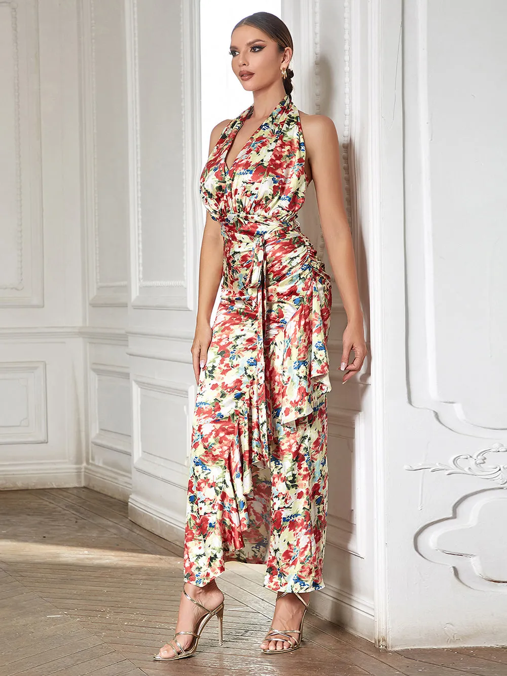 Halter Sleeveless Floral Maxi Bodycon Dress HB03240