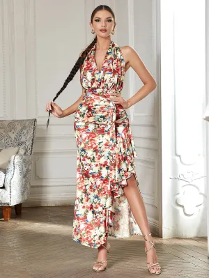 Halter Sleeveless Floral Maxi Bodycon Dress HB03240