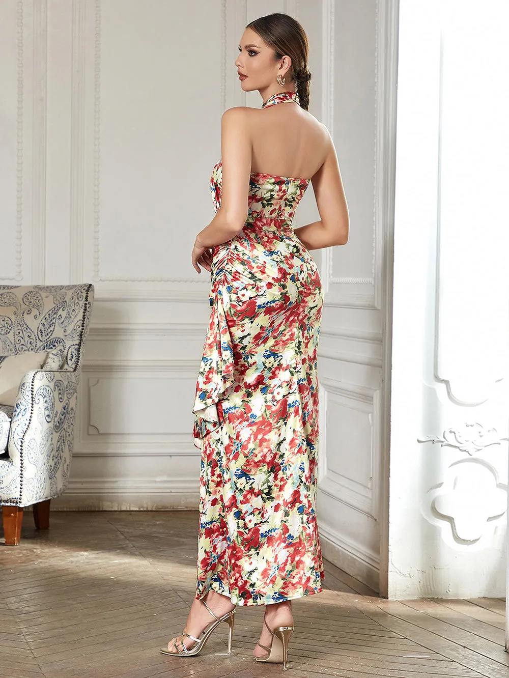 Halter Sleeveless Floral Maxi Bodycon Dress HB03240