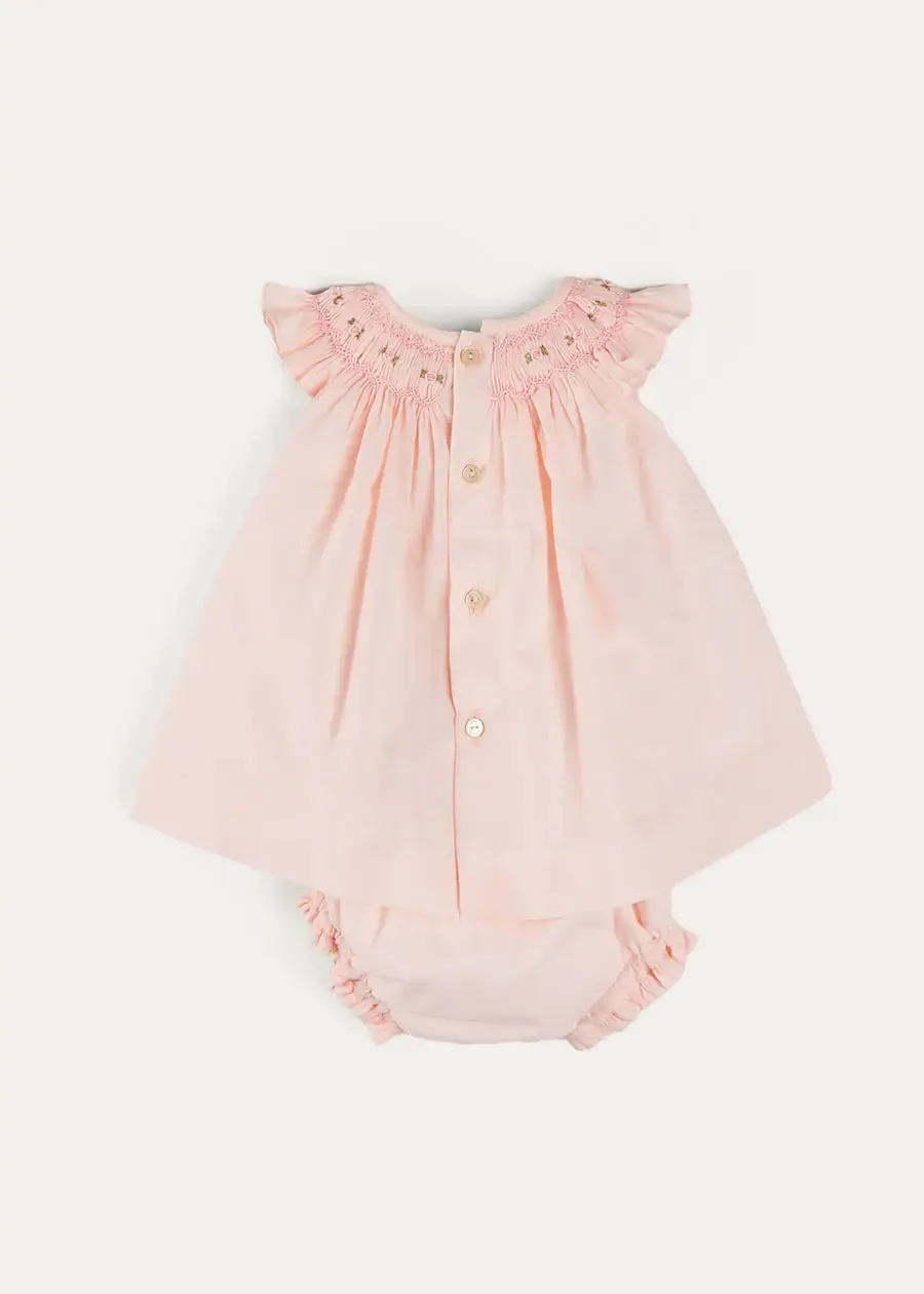 Hand Smocked Sleeveless Dress With Bloomers in Pink (1-12mths)