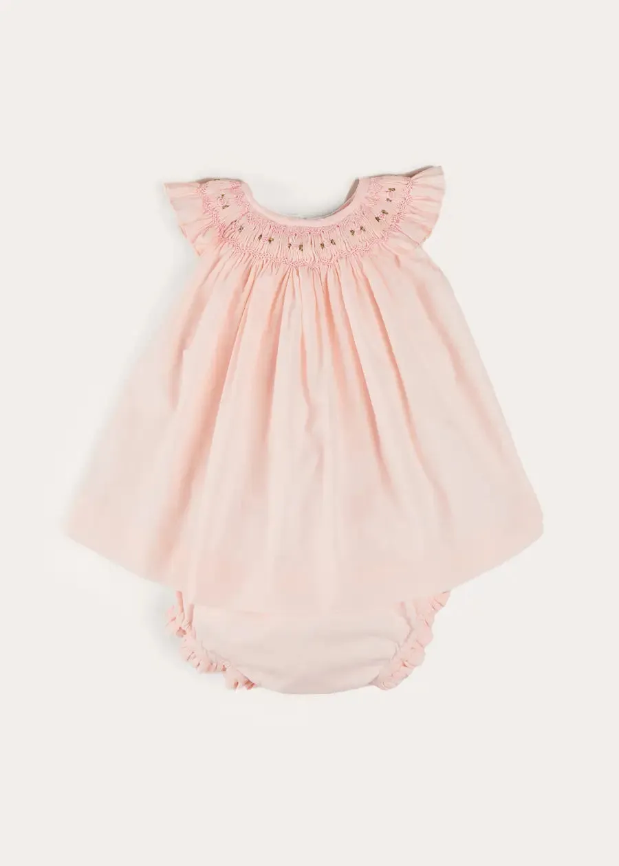 Hand Smocked Sleeveless Dress With Bloomers in Pink (1-12mths)
