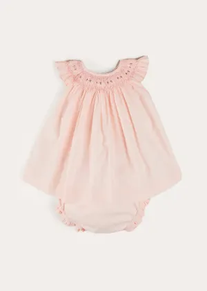 Hand Smocked Sleeveless Dress With Bloomers in Pink (1-12mths)