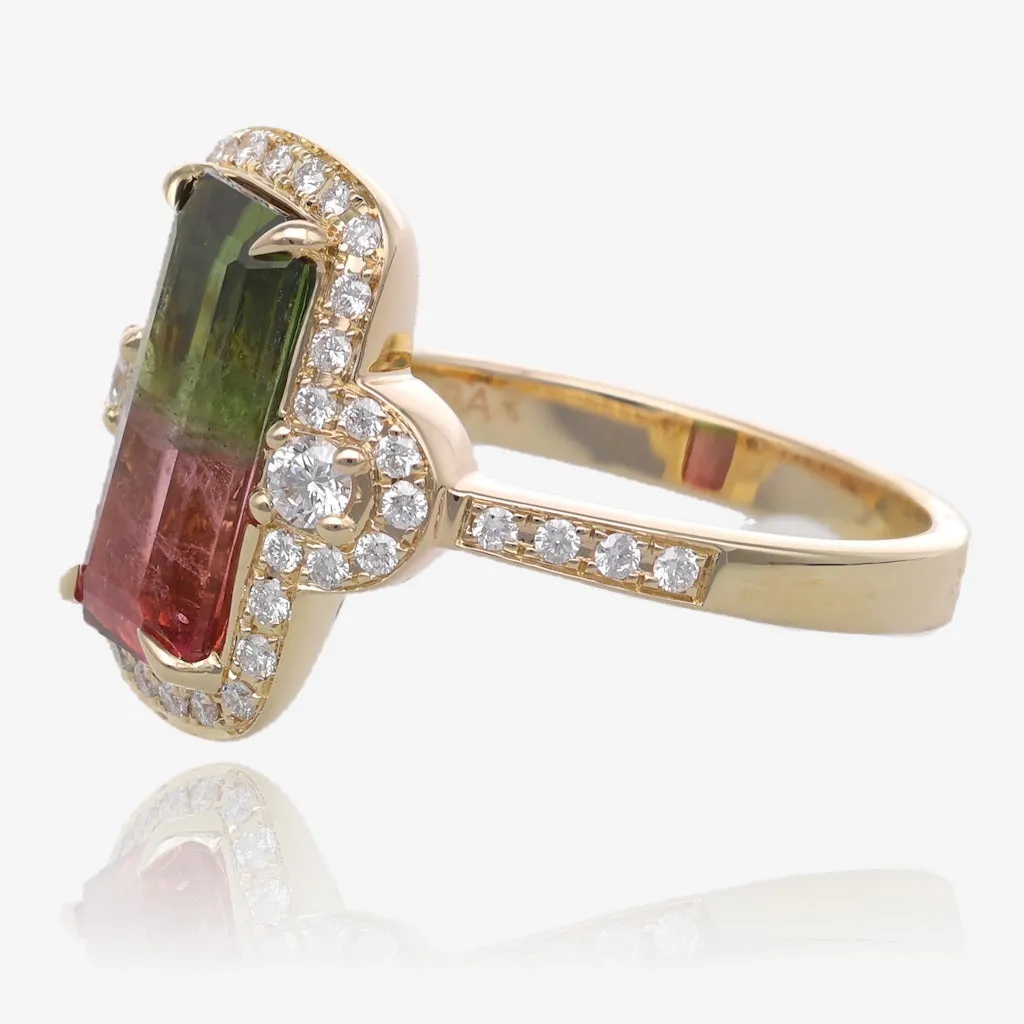 Handcrafted Emerald Cut Watermelon Tourmaline Ring in Yellow Gold with Diamond Accents | A One-of-a-Kind Beauty