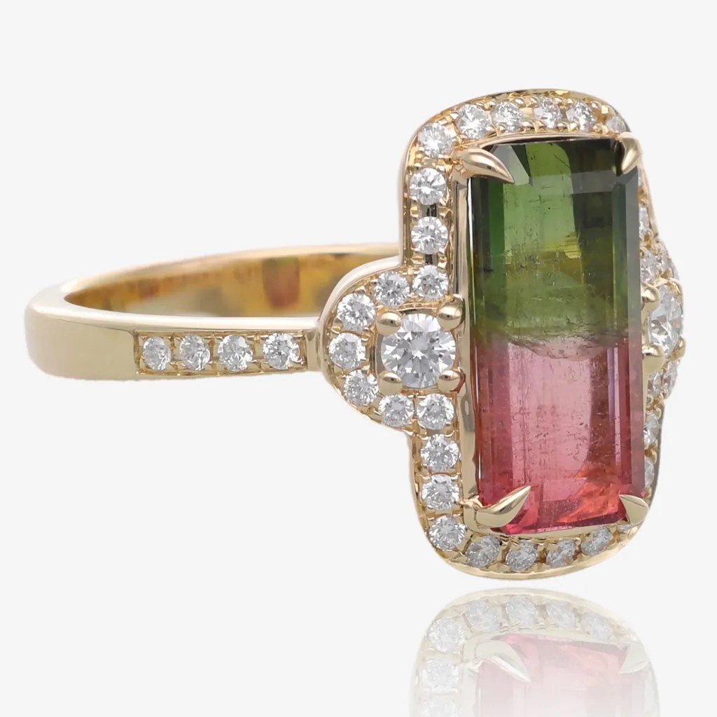 Handcrafted Emerald Cut Watermelon Tourmaline Ring in Yellow Gold with Diamond Accents | A One-of-a-Kind Beauty