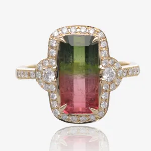Handcrafted Emerald Cut Watermelon Tourmaline Ring in Yellow Gold with Diamond Accents | A One-of-a-Kind Beauty