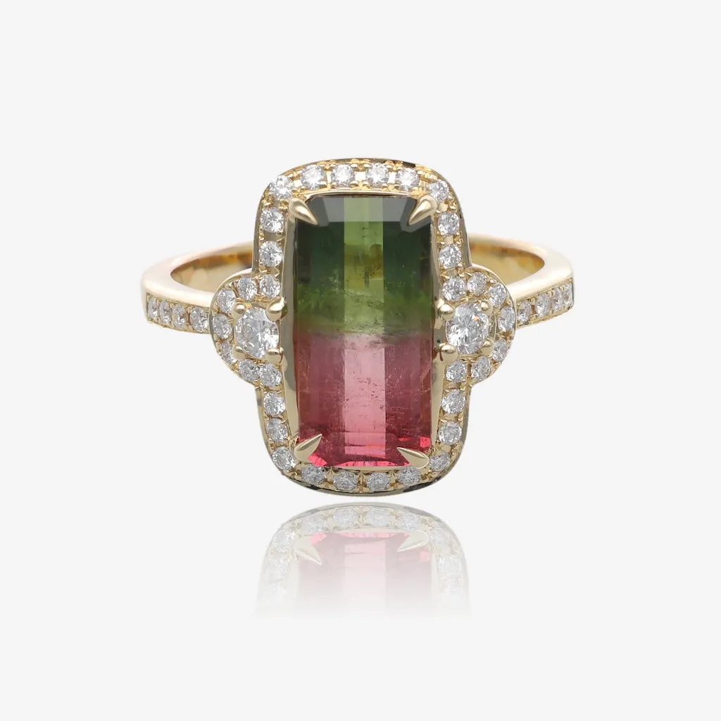 Handcrafted Emerald Cut Watermelon Tourmaline Ring in Yellow Gold with Diamond Accents | A One-of-a-Kind Beauty
