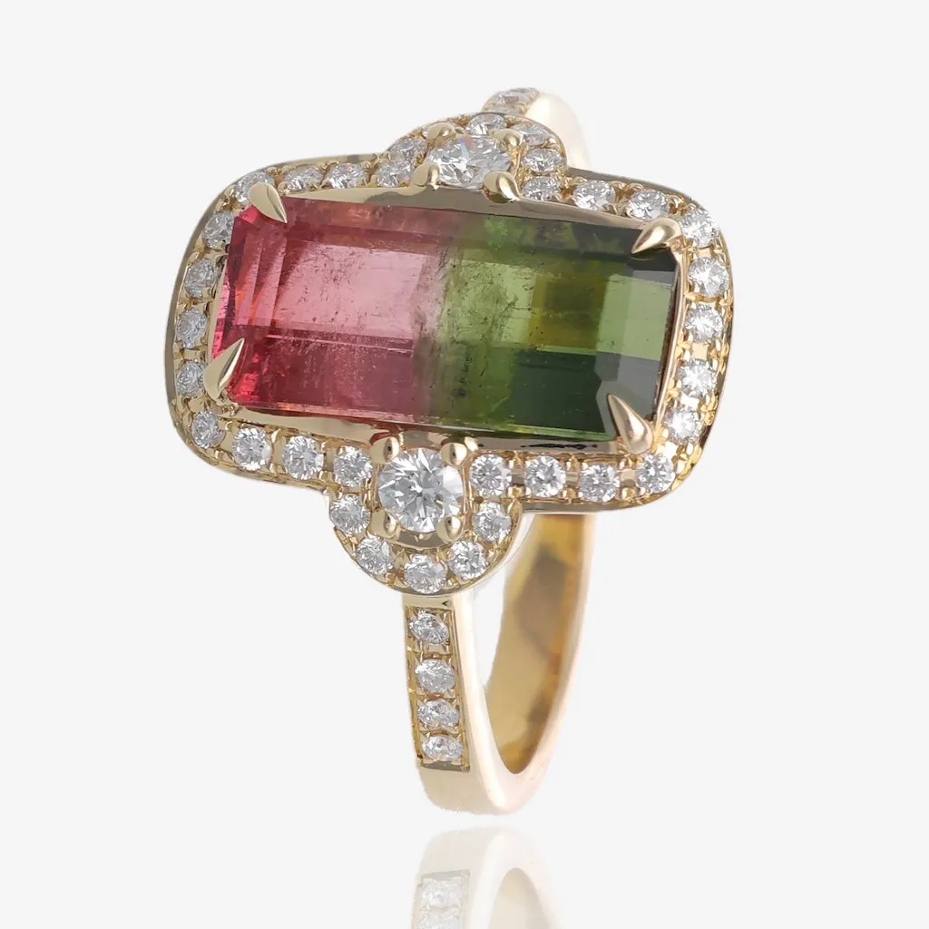 Handcrafted Emerald Cut Watermelon Tourmaline Ring in Yellow Gold with Diamond Accents | A One-of-a-Kind Beauty