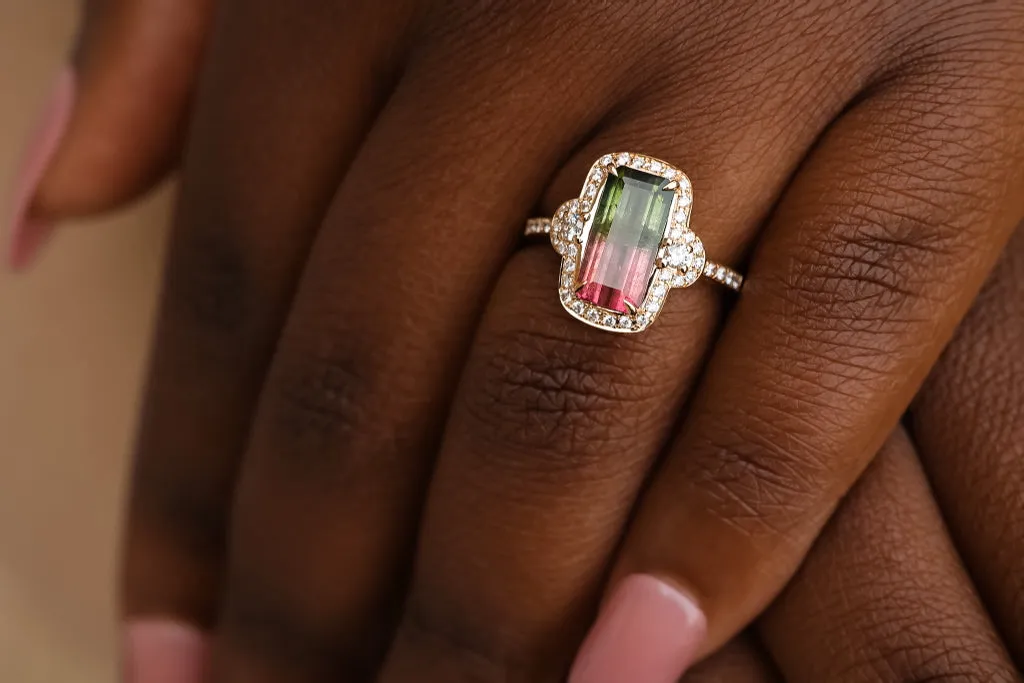 Handcrafted Emerald Cut Watermelon Tourmaline Ring in Yellow Gold with Diamond Accents | A One-of-a-Kind Beauty