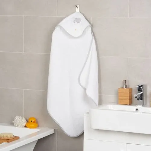 Hooded Baby Towel - White with Grey Elephant