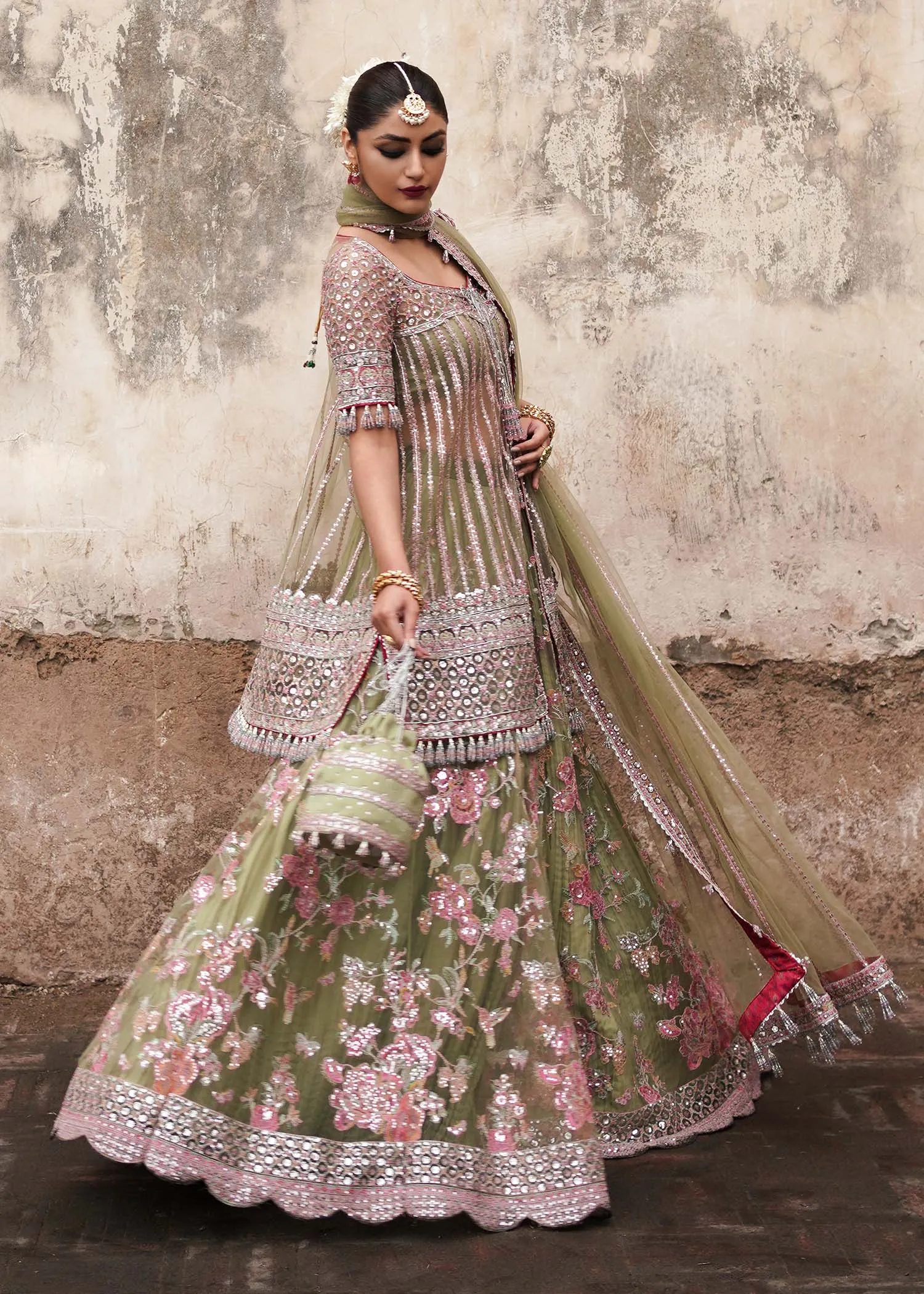 Indian Bridal Dress in Shirt and Green Lehenga Style