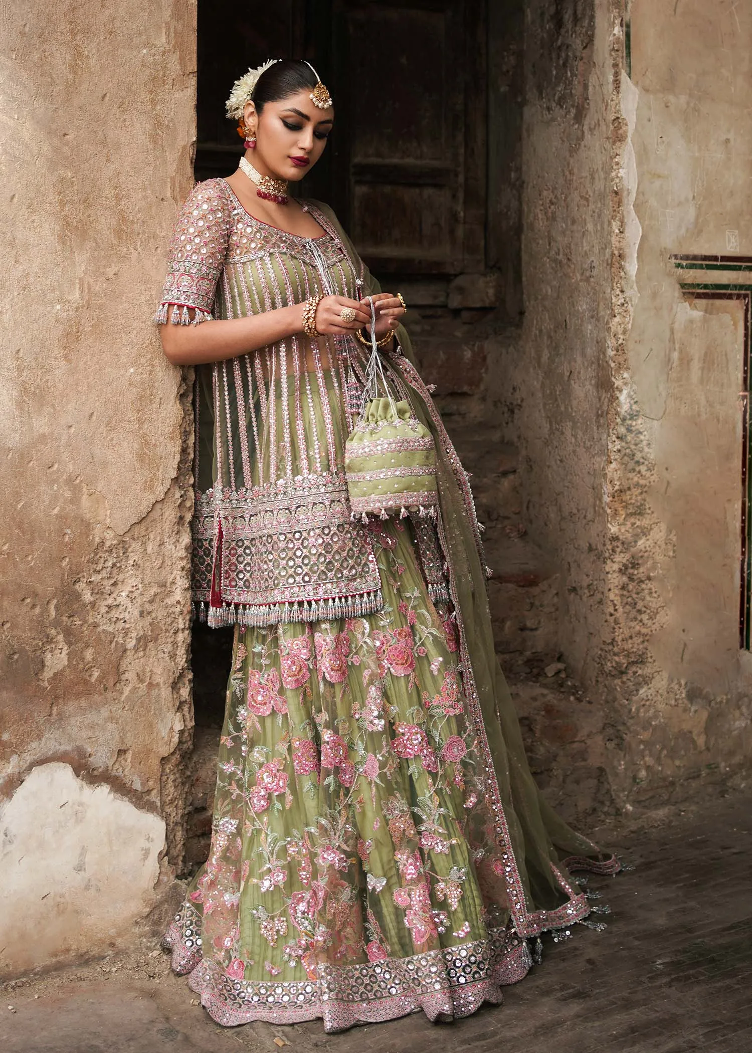 Indian Bridal Dress in Shirt and Green Lehenga Style