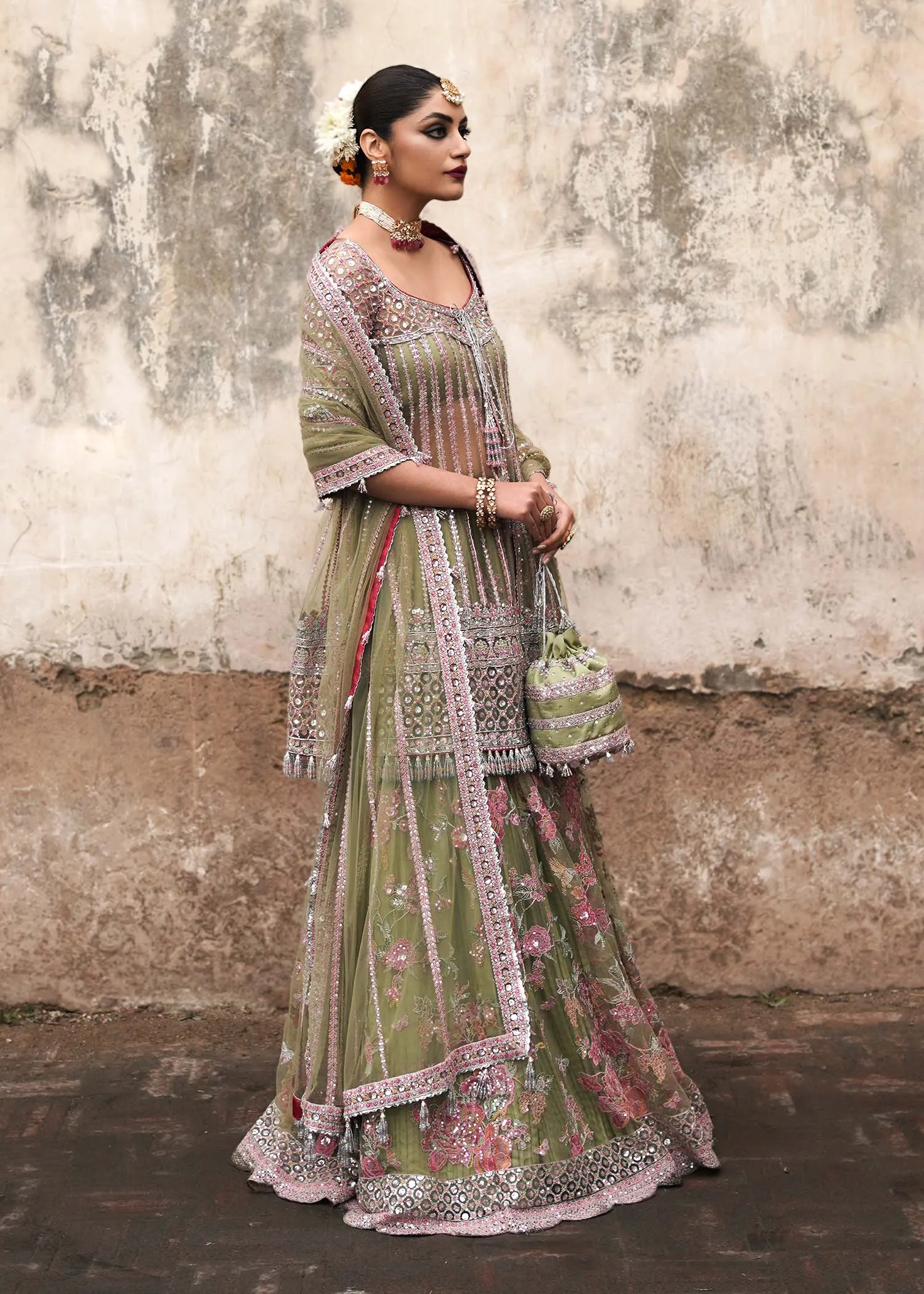 Indian Bridal Dress in Shirt and Green Lehenga Style