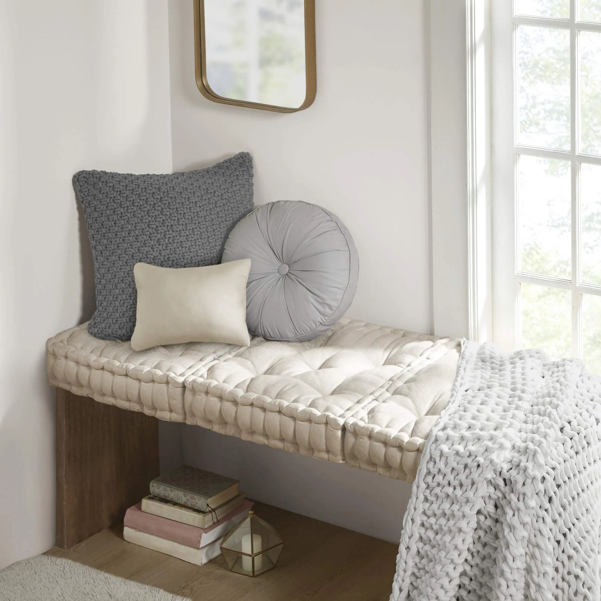 Intelligent Design Azza Floor Pillow, Large Cushions Sitting for Adults, Floor Pillow for Meditation or Yoga, Lustrous Chenille Tufted with Scalloped Edges for Bench/Chair Cushion, 20"x20"x5" Ivory