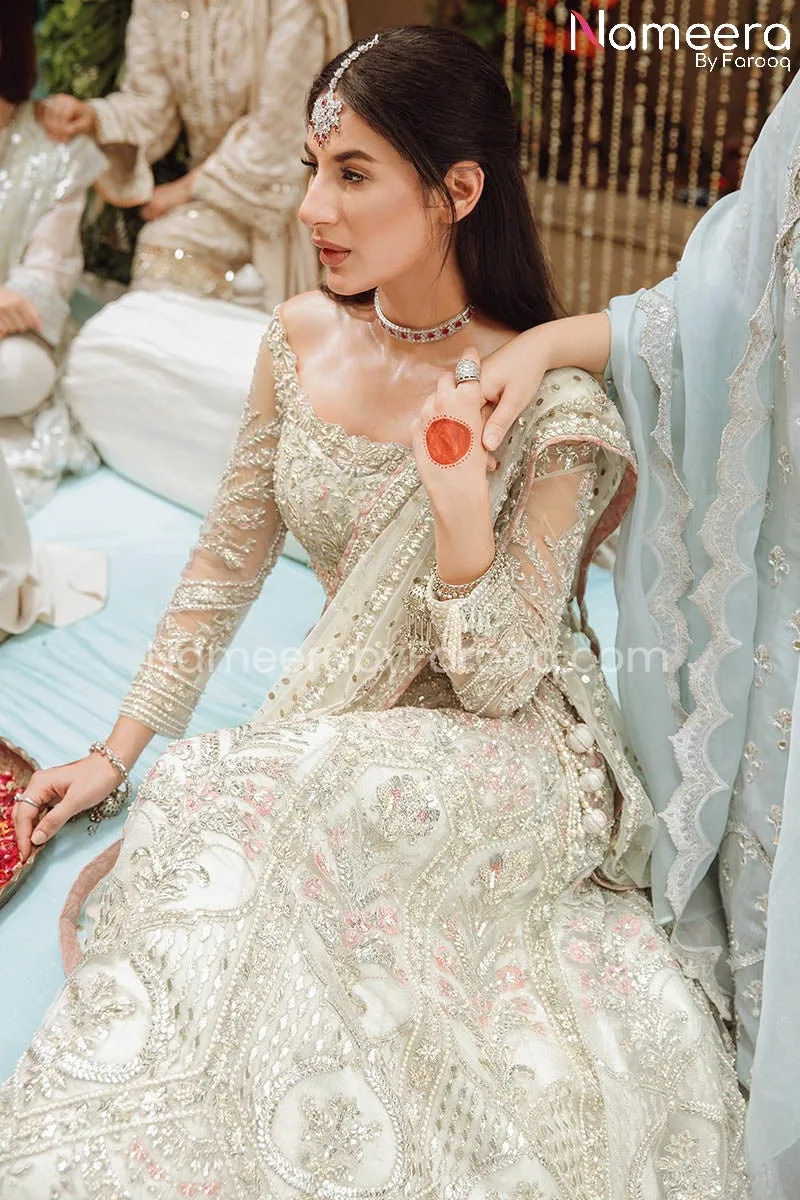 Ivory Colored Net Lehenga Choli Bridal Dress #BS682