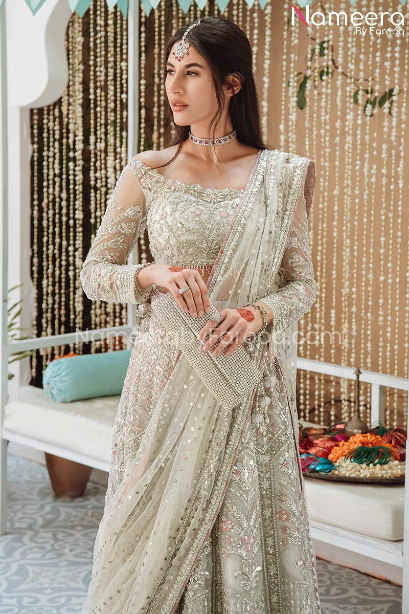 Ivory Colored Net Lehenga Choli Bridal Dress #BS682