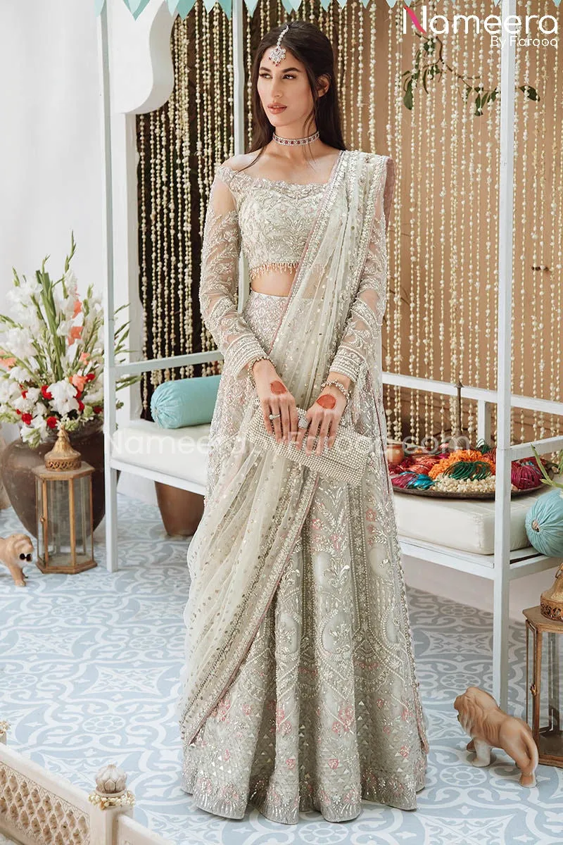 Ivory Colored Net Lehenga Choli Bridal Dress #BS682
