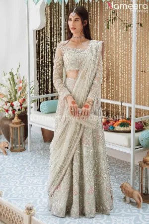Ivory Colored Net Lehenga Choli Bridal Dress #BS682