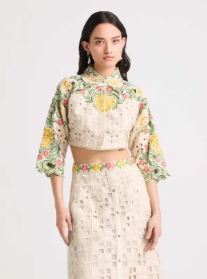 Ivory floral checkered cutwork crop shirt