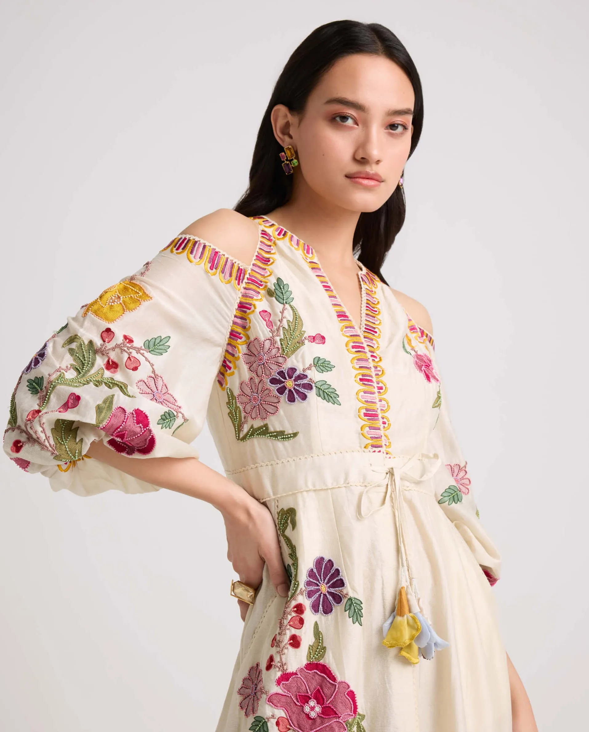 Ivory floral cold shoulder midi dress