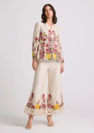 Ivory floral  threadwork bell bottom pants