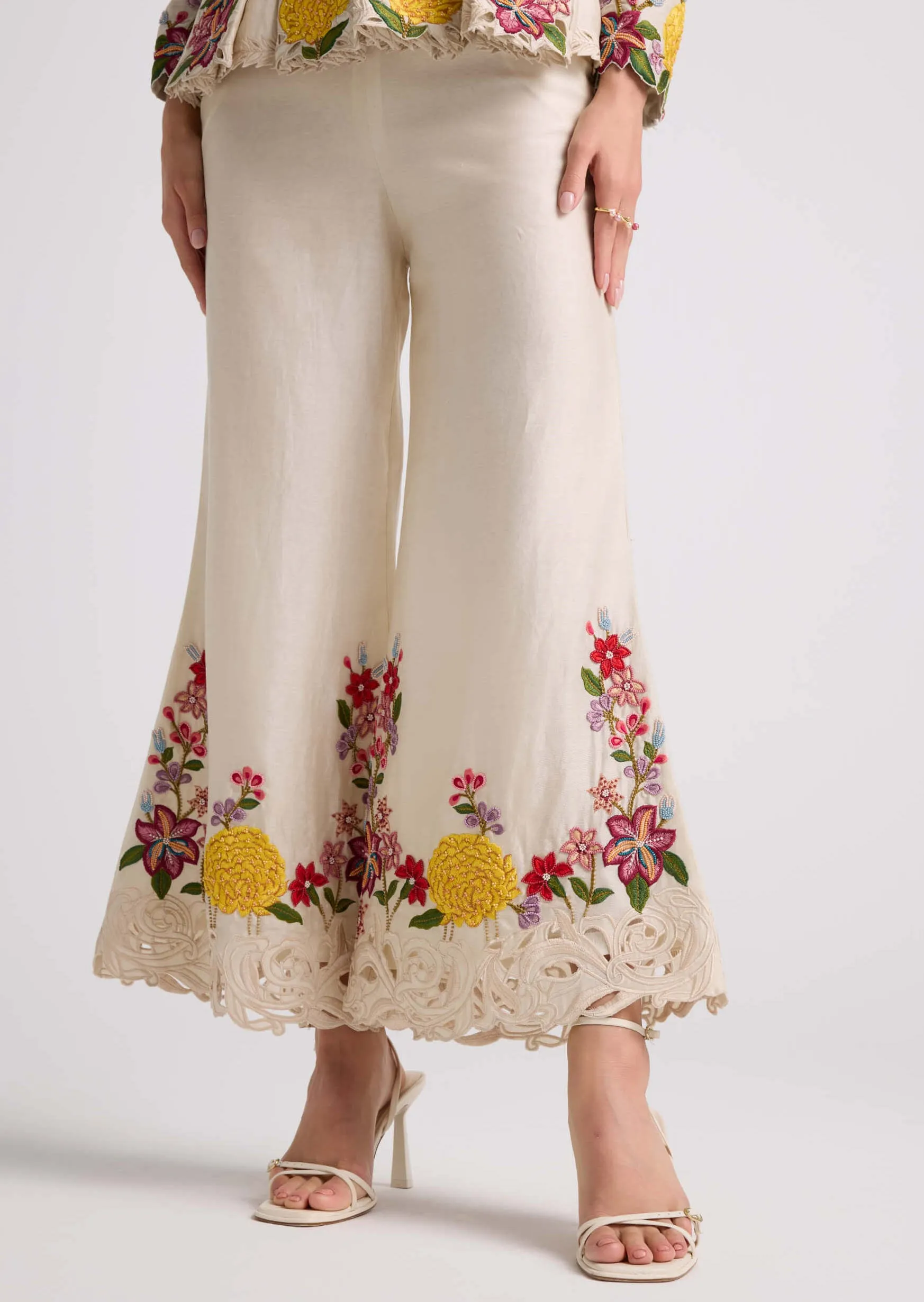 Ivory floral  threadwork bell bottom pants