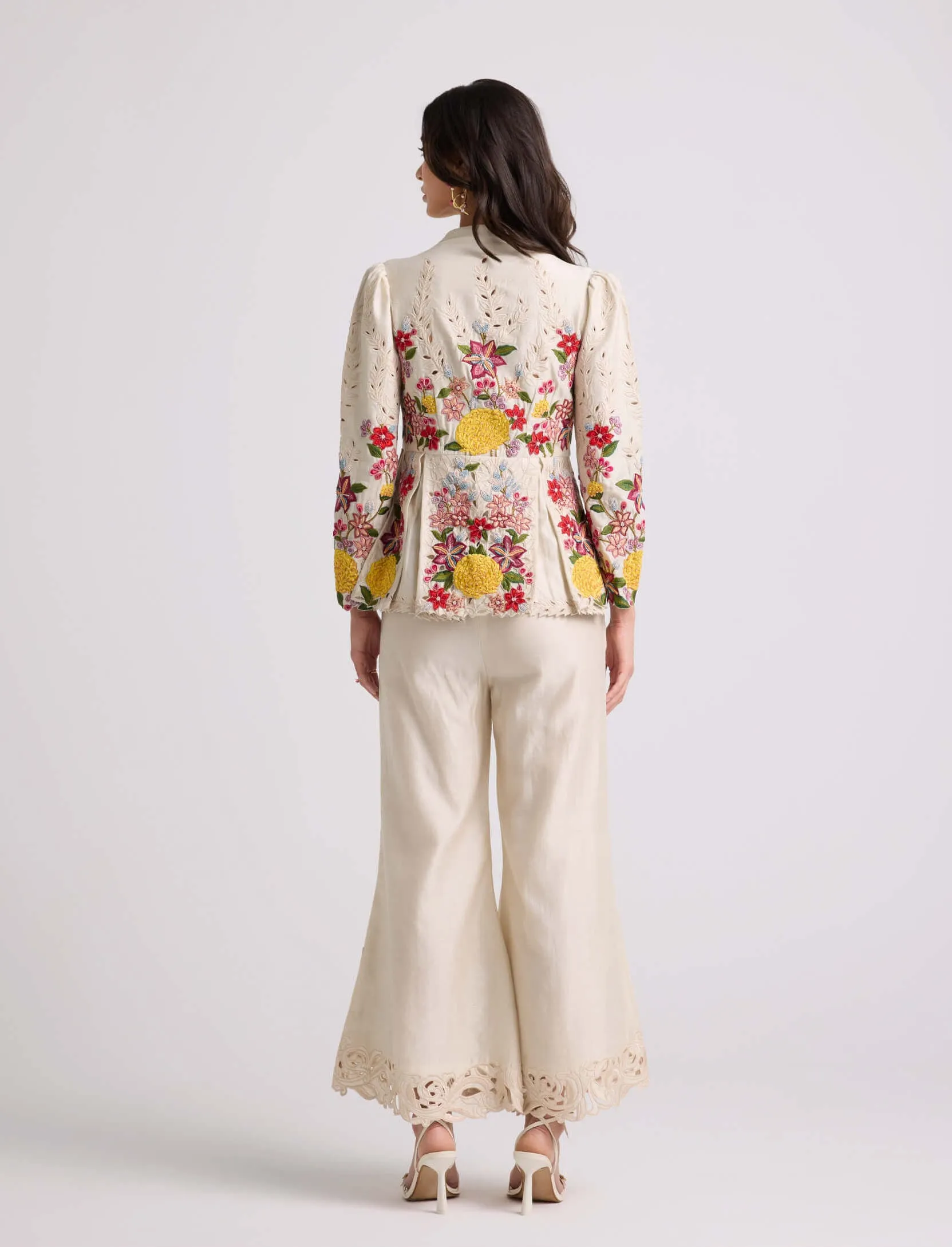Ivory floral  threadwork bell bottom pants