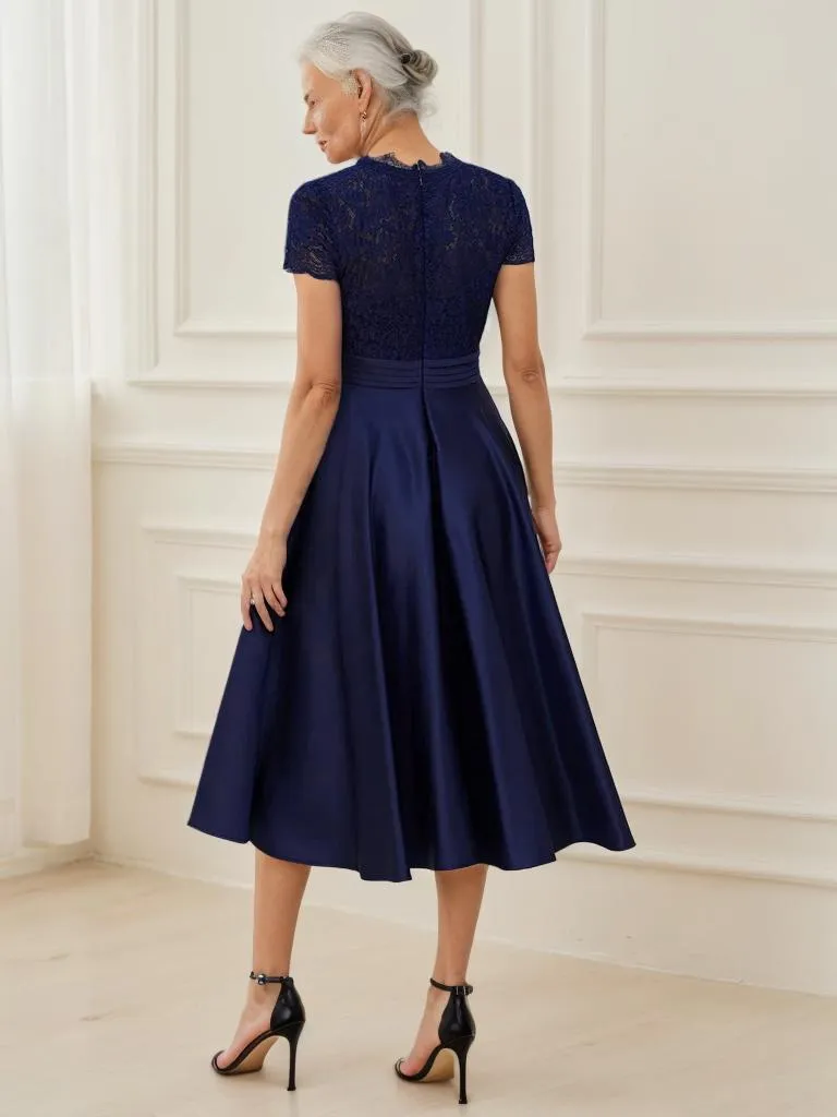June classy below knee lace and satin mother of the bride dress