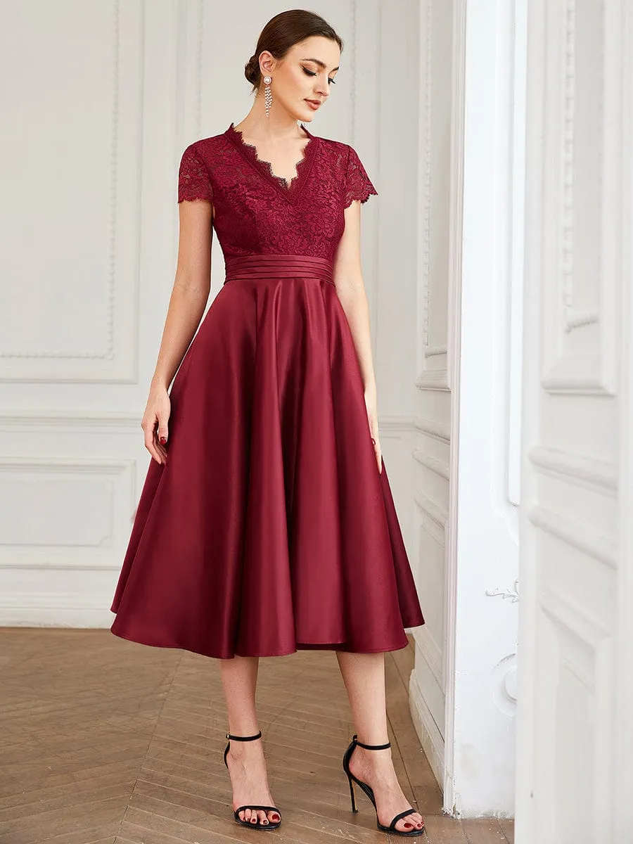 June classy below knee lace and satin mother of the bride dress