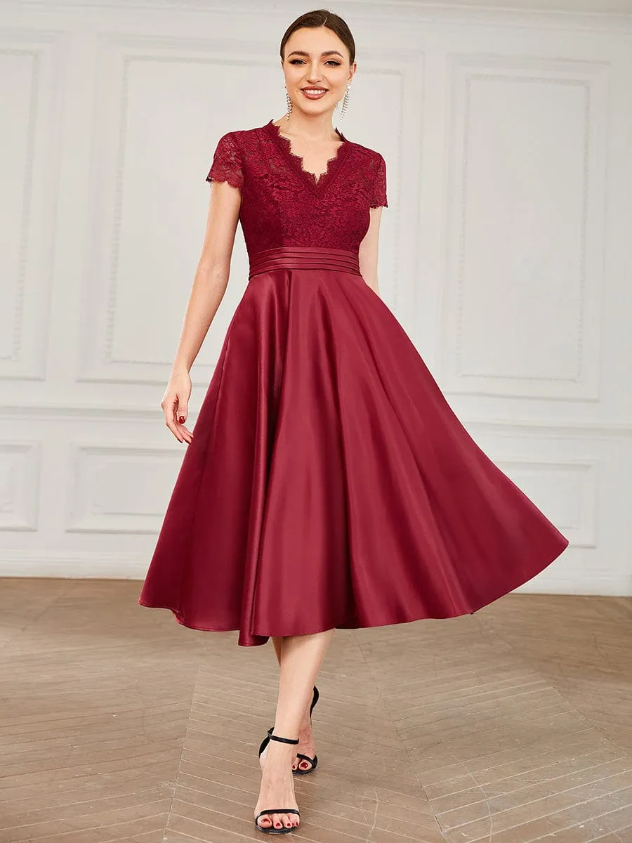 June classy below knee lace and satin mother of the bride dress