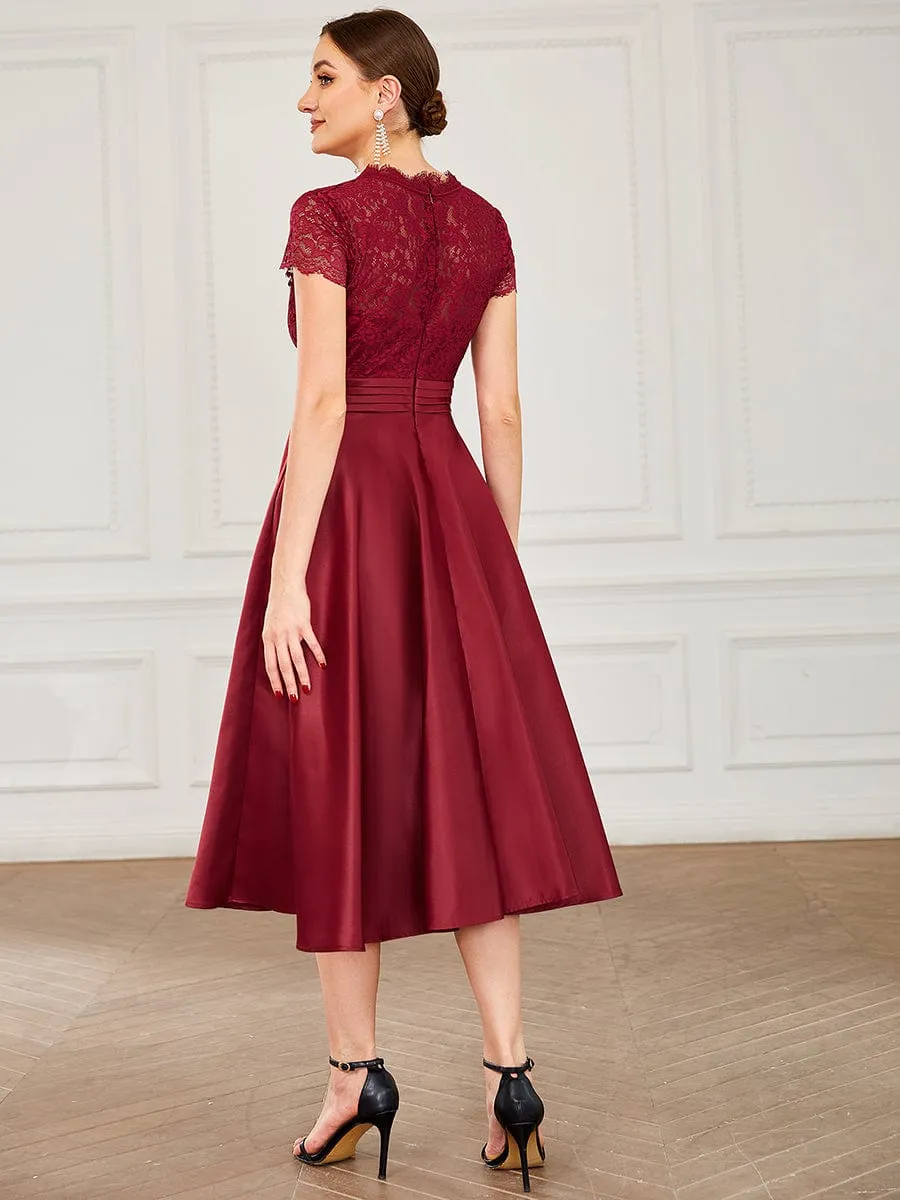 June classy below knee lace and satin mother of the bride dress