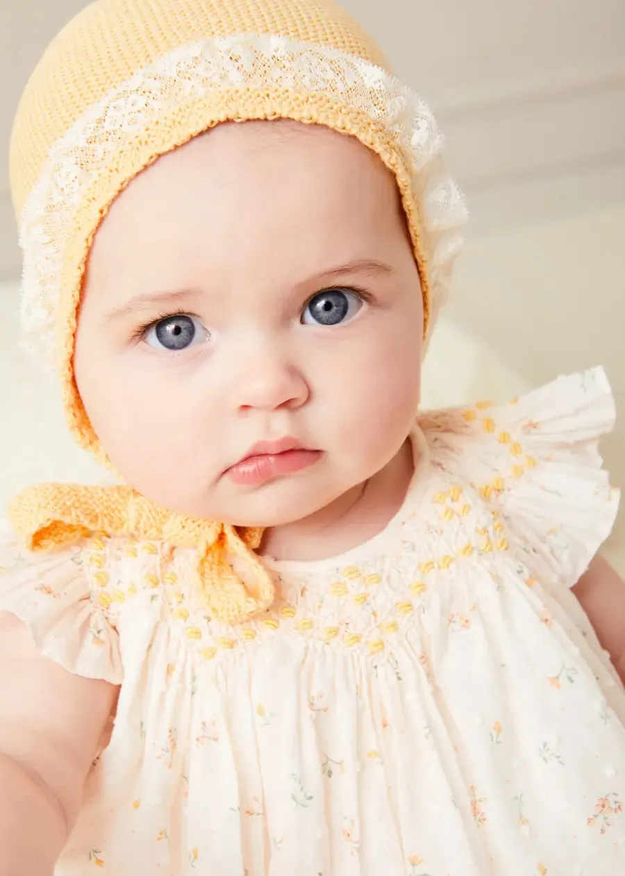 Lace Detail Knitted Bonnet in Tangerine (1-12mths)