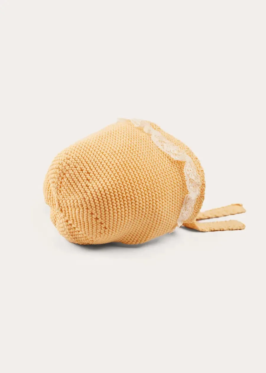 Lace Detail Knitted Bonnet in Tangerine (1-12mths)