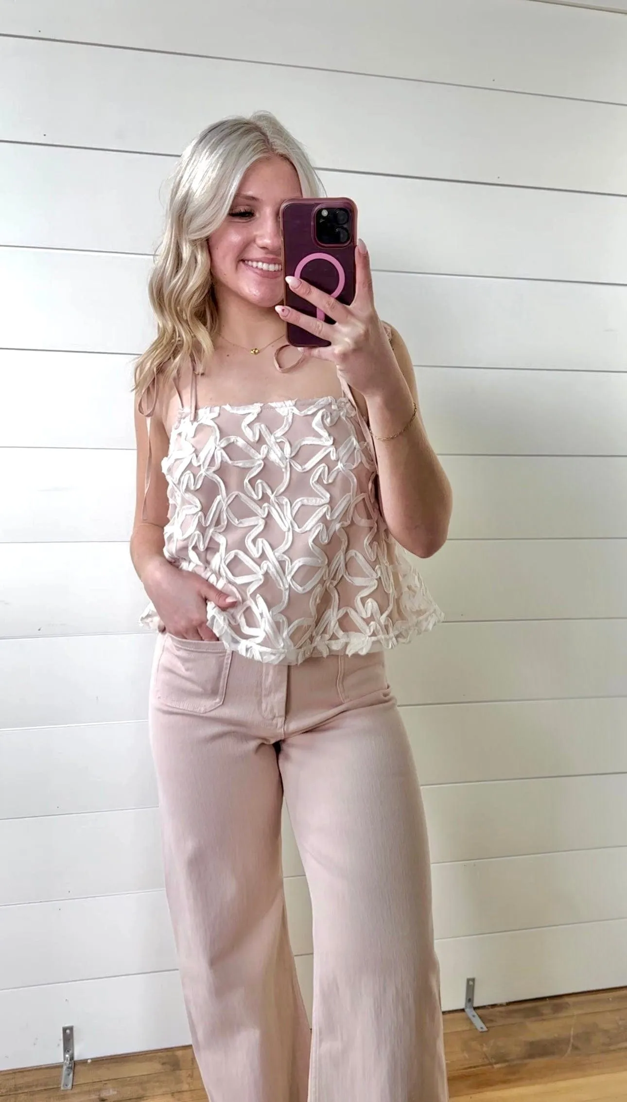 Lace Shoulder Tie Top In Dusty Peach
