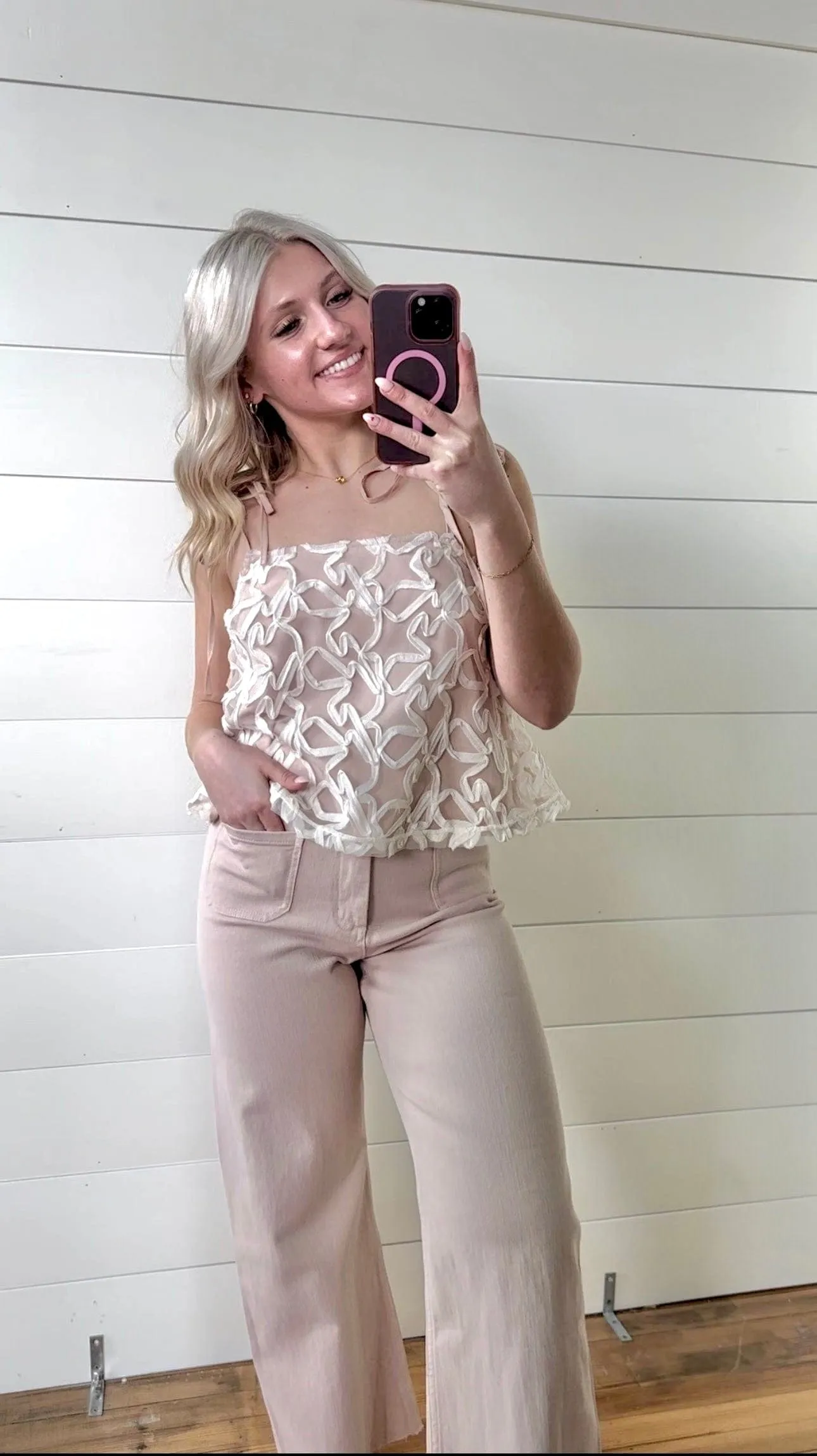 Lace Shoulder Tie Top In Dusty Peach