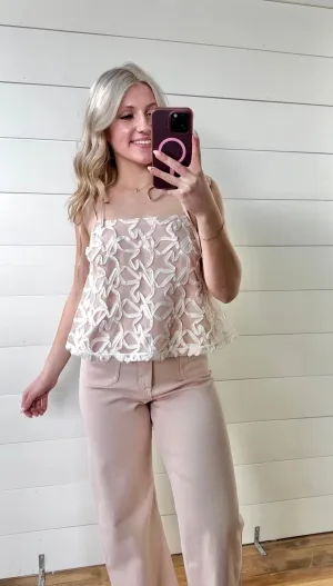 Lace Shoulder Tie Top In Dusty Peach