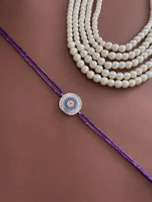 Latest American Diamond Round Evil Eye Rakhi With Purple Thread Rakhi For Rakshabandhan