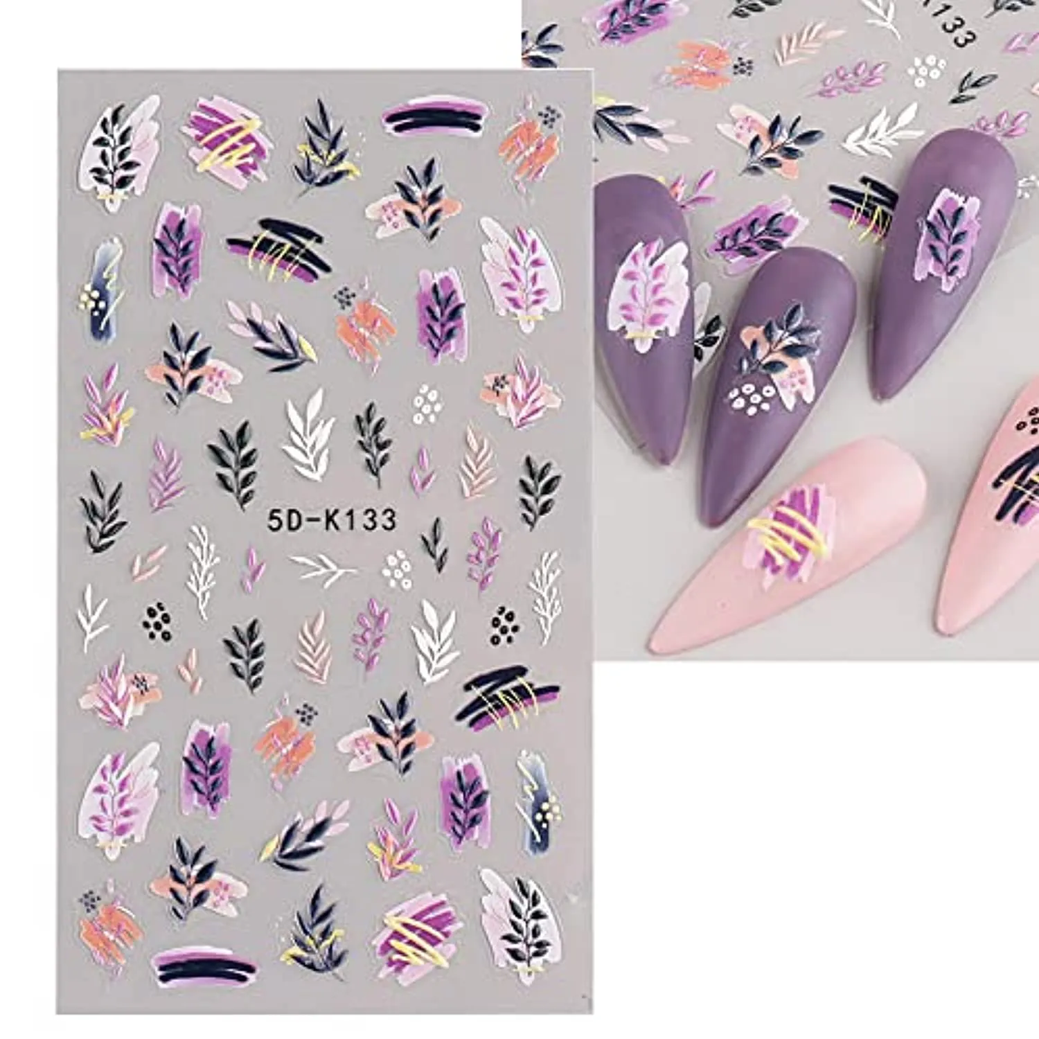 Leaves Nail Art Sticker 5D Exquisite Embossed Nail Art Supplies Self-Adhesive Nail Art Decoration White Black Purple Pink Foliages Leaves Geometry Lines Luxury Carving Design Acrylic Nail Art 4 Sheets