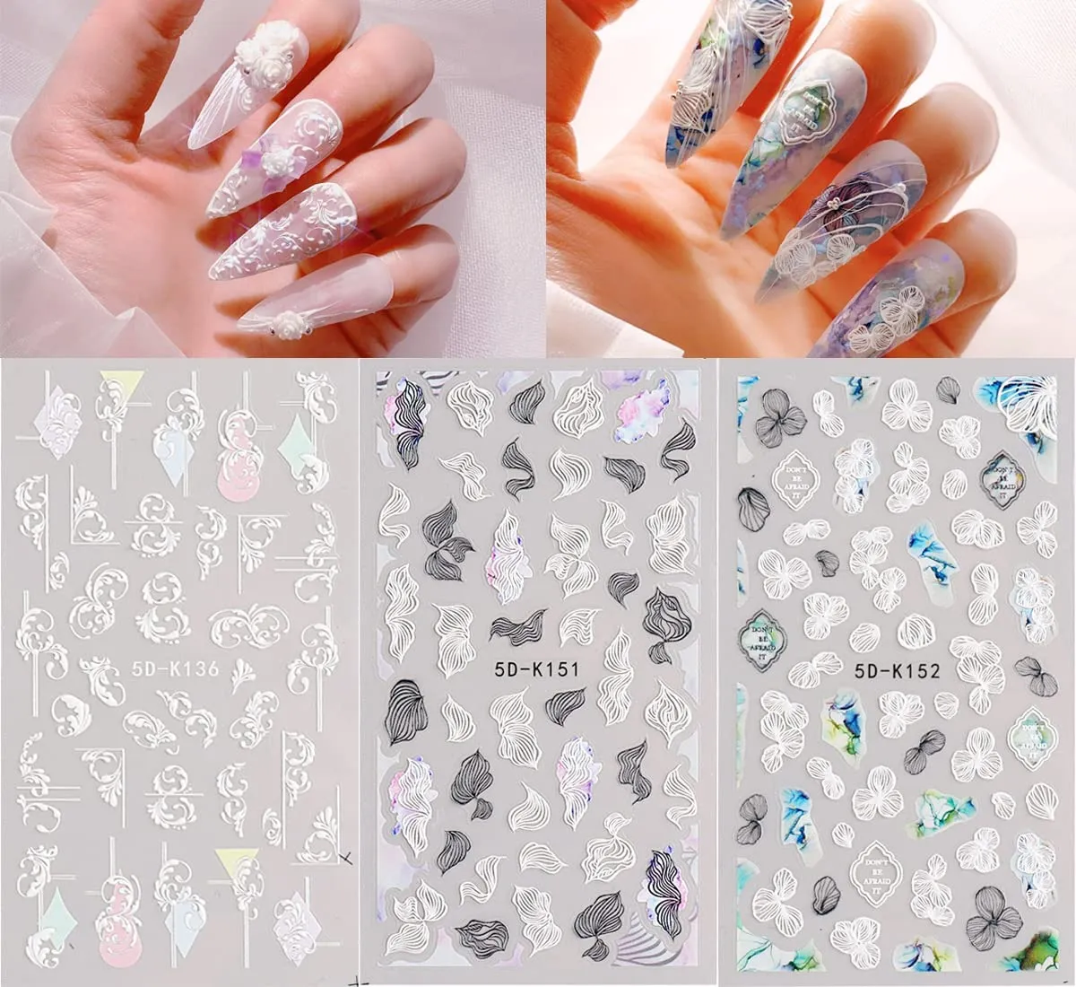 Leaves Nail Art Sticker 5D Exquisite Embossed Nail Art Supplies Self-Adhesive Nail Art Decoration White Black Purple Pink Foliages Leaves Geometry Lines Luxury Carving Design Acrylic Nail Art 4 Sheets