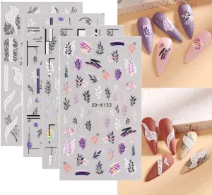 Leaves Nail Art Sticker 5D Exquisite Embossed Nail Art Supplies Self-Adhesive Nail Art Decoration White Black Purple Pink Foliages Leaves Geometry Lines Luxury Carving Design Acrylic Nail Art 4 Sheets