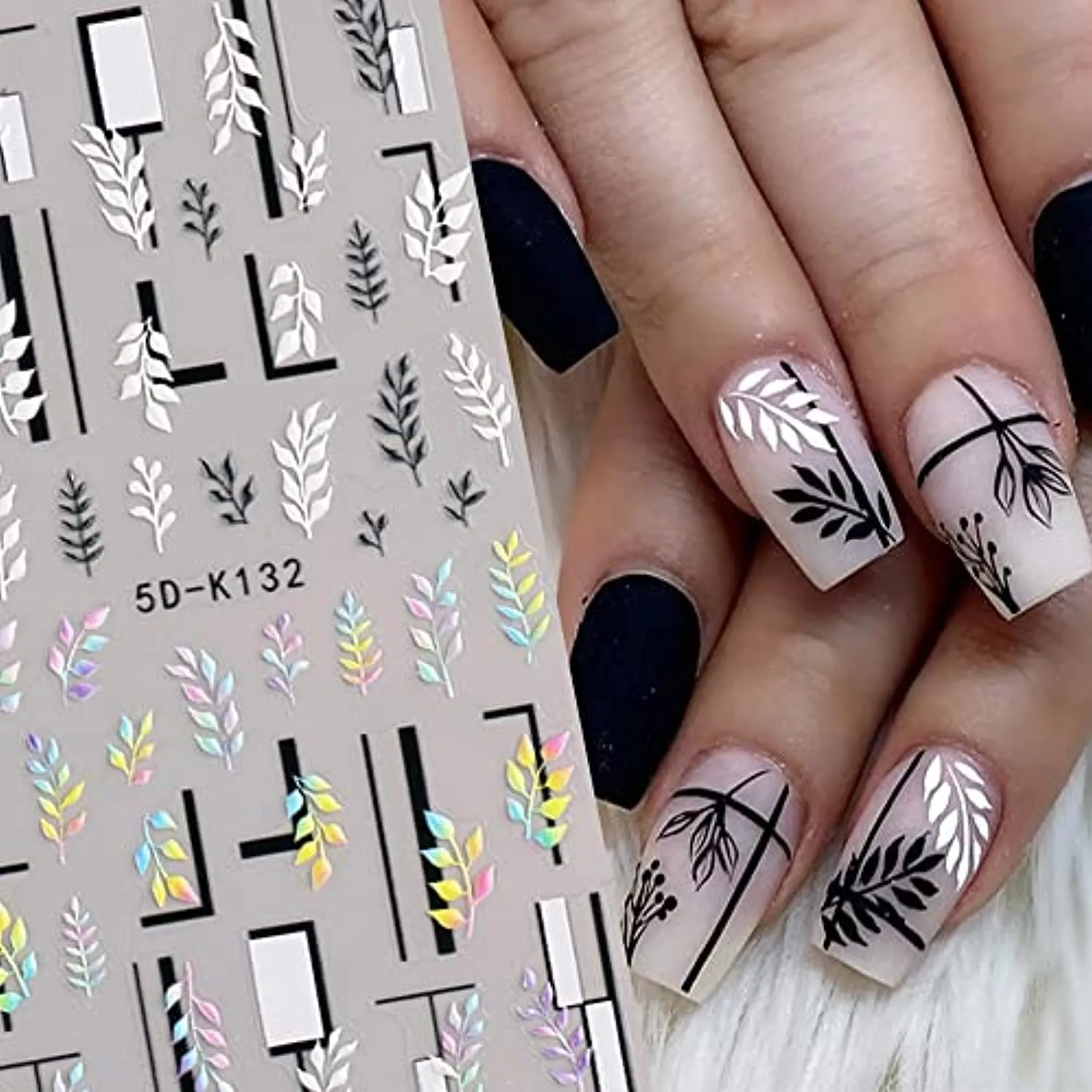 Leaves Nail Art Sticker 5D Exquisite Embossed Nail Art Supplies Self-Adhesive Nail Art Decoration White Black Purple Pink Foliages Leaves Geometry Lines Luxury Carving Design Acrylic Nail Art 4 Sheets
