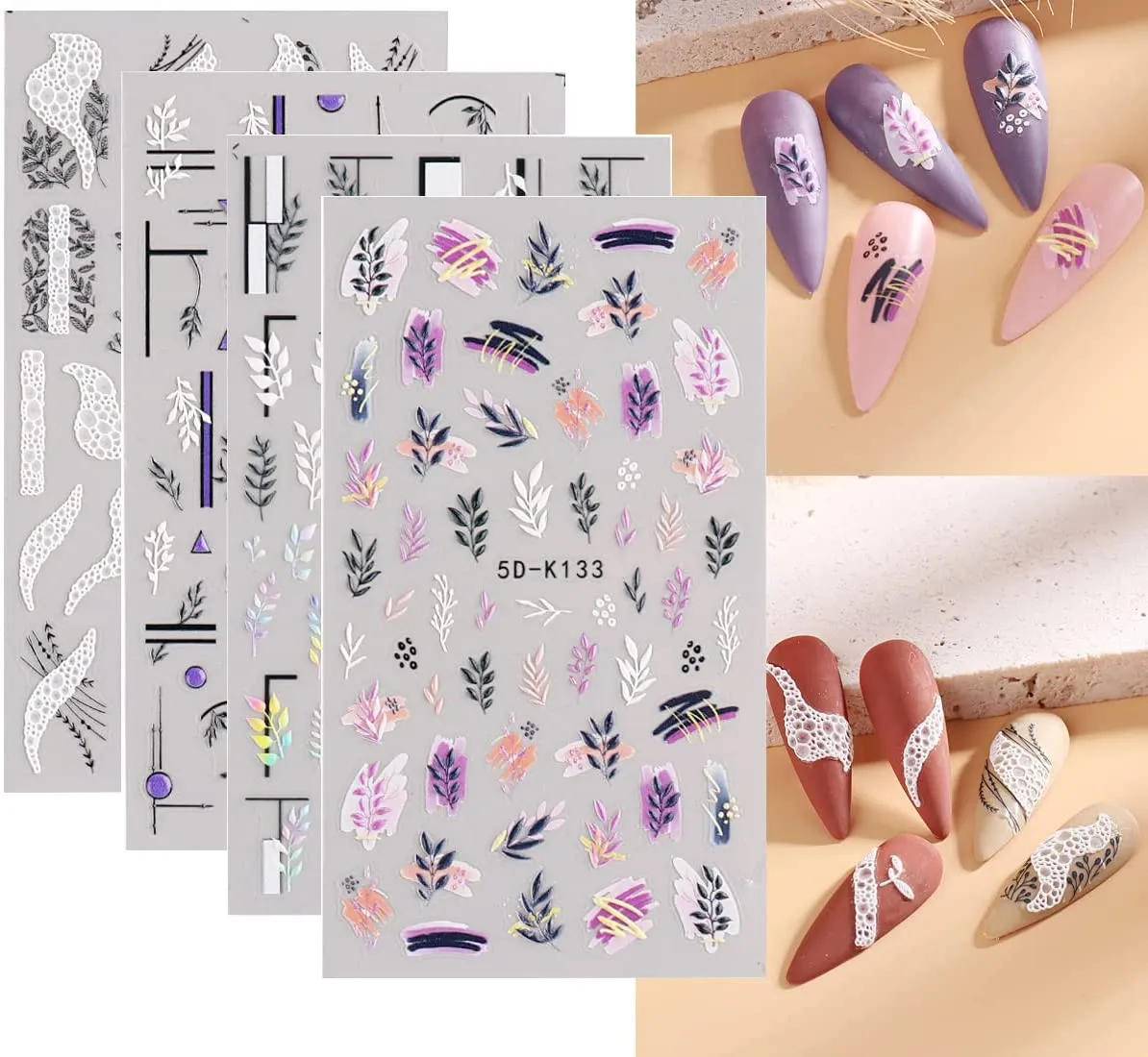 Leaves Nail Art Sticker 5D Exquisite Embossed Nail Art Supplies Self-Adhesive Nail Art Decoration White Black Purple Pink Foliages Leaves Geometry Lines Luxury Carving Design Acrylic Nail Art 4 Sheets