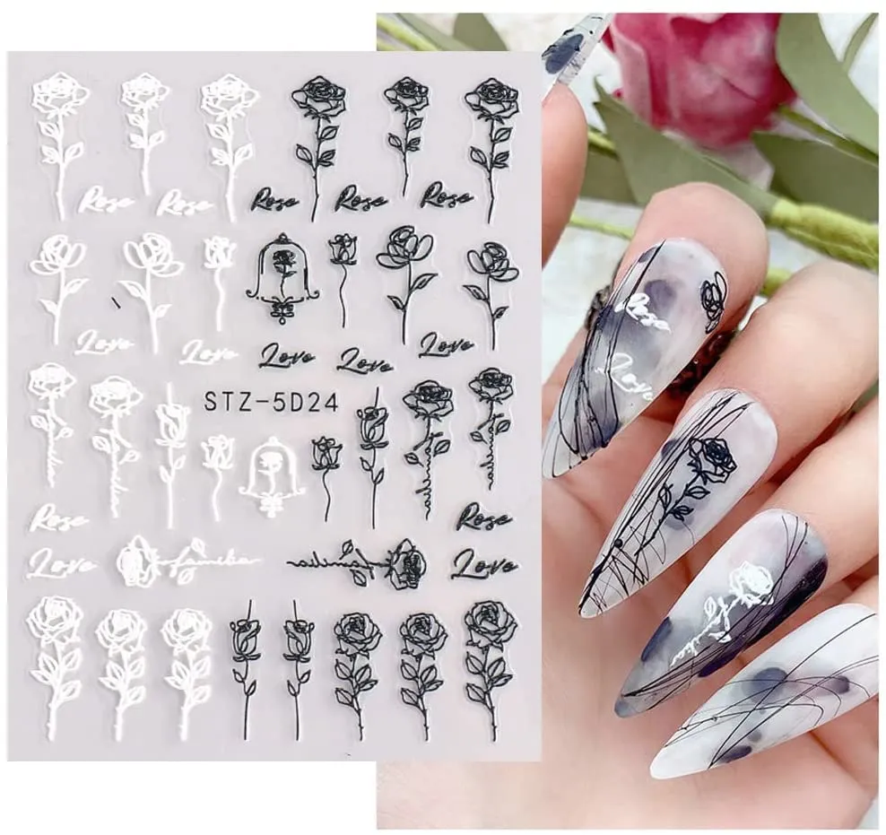 Leaves Nail Art Sticker 5D Exquisite Embossed Nail Art Supplies Self-Adhesive Nail Art Decoration White Black Purple Pink Foliages Leaves Geometry Lines Luxury Carving Design Acrylic Nail Art 4 Sheets