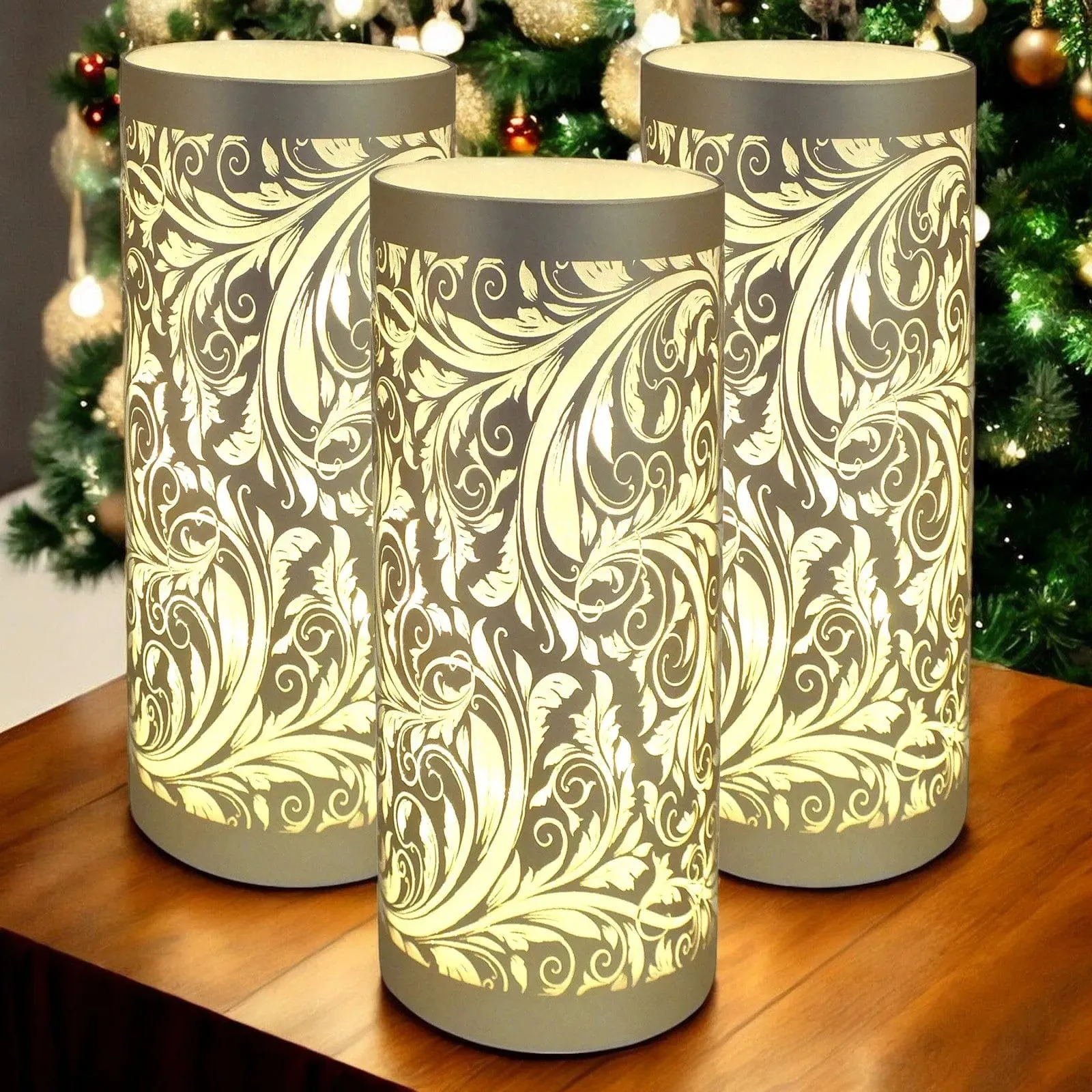LED Christmas Lights Battery Powered Cordless Glass Table Lamps | Sparkling Leaves Design